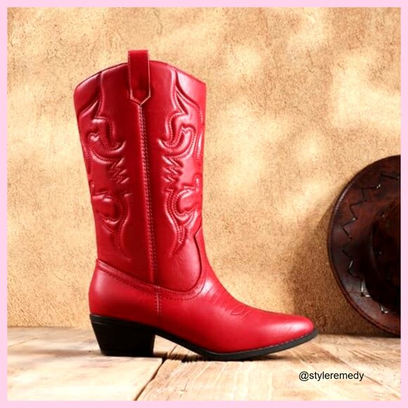Women's Mid Calf Western Boots Pull On Cowgirl Boots 1.37 Inch Heel - Picture 2 of 7